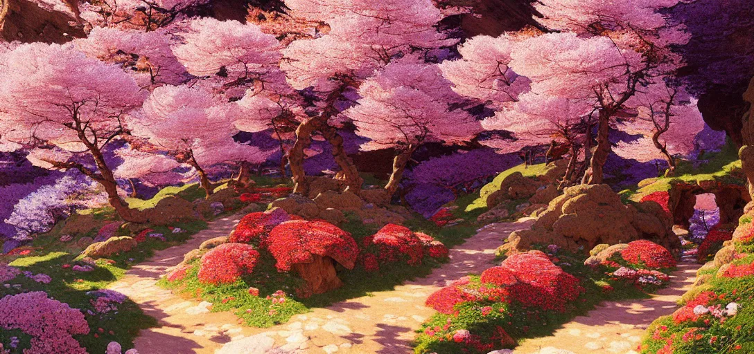 Prompt: ghibli illustrated background of a trail leading through a strikingly beautiful landform with strange rock formations and red water, purple flowers and cherry blossoms by vasily polenov, eugene von guerard, ivan shishkin, albert edelfelt, john singer sargent, albert bierstadt 4 k