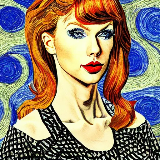 Image similar to portrait of taylor swift, mashup between mc escher and vincent van gogh