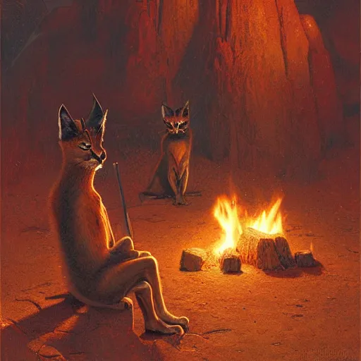 Image similar to three cute caracals wearing red ties with guitar, campfire, night, atmospheric lighting, intricate, volumetric lighting, digital art, highly detailed by gaston bussiere, craig mullins, j. c. leyendecker 8 k