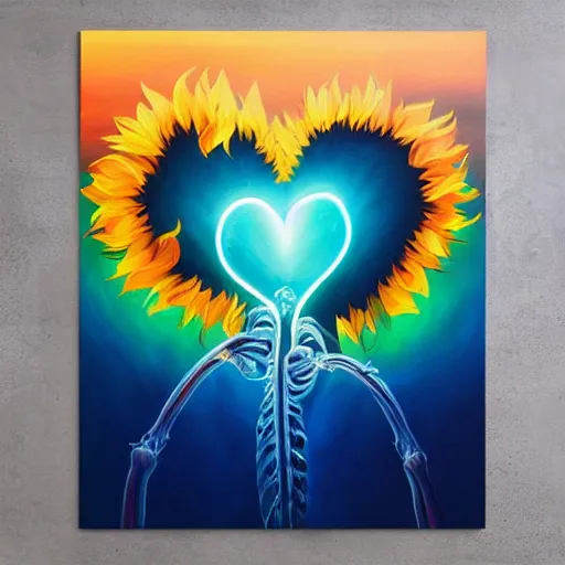 Prompt: a beautiful acrylic painting by andreas rocha and Anato Finnstark of a heart bursting out of a rib-cage and turning into rainbows and sunflowers, neon pastel color palette, soft feminine elegant