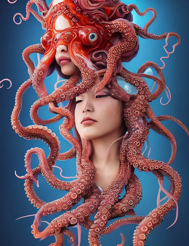 Image similar to 3 d goddess octopus half - turn portrait with long hair with ram skull. beautiful intricately detailed japanese crow kitsune mask and clasical japanese kimono. betta fish, jellyfish phoenix, bio luminescent, plasma, ice, water, wind, creature, artwork by tooth wu and wlop and beeple and greg rutkowski