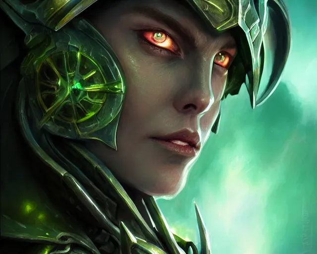 Image similar to extreme close up portrait of a aeldari in wraithbone armor, bottom up green lighting, stoic, poised, deep focus, d & d, fantasy, intricate, highly detailed, digital painting, artstation, concept art, matte, sharp focus, illustration, hearthstone, art by artgerm and greg rutkowski and alphonse mucha