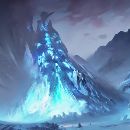 Image similar to blue glacier volcano eruption, blue glacier volcano eruption, blue liquid and snow, blue glacier volcano eruption, ice cold blue theme, bright masterpiece artstation. 8 k, sharp high quality artwork in style of jose daniel cabrera pena and greg rutkowski, concept art by tooth wu, blizzard warcraft artwork, hearthstone card game artwork