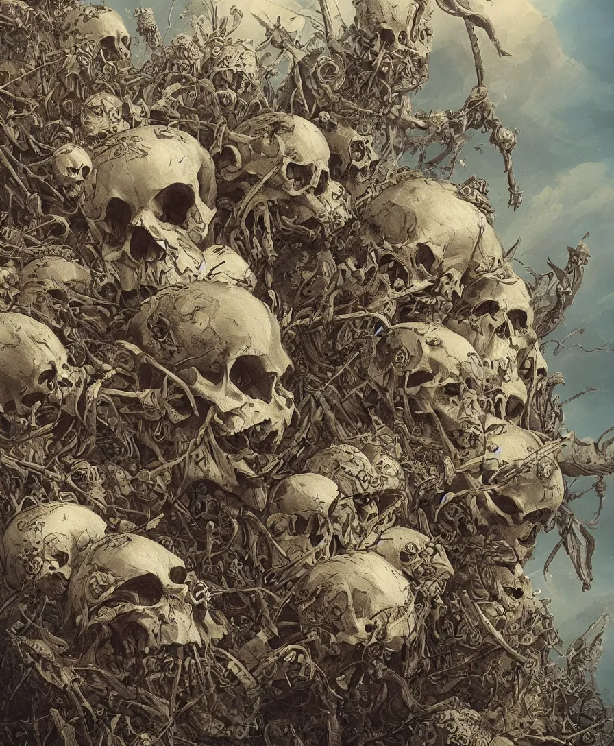 Prompt: close up skull and bones pile, illustrated by Simon Stålenhag and Gaston Bussiere, intricate, ultra detailed, photorealistic, trending on artstation