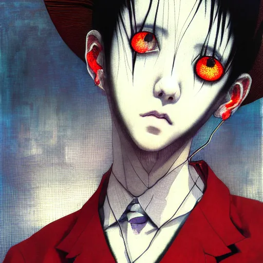 Image similar to yoshitaka amano blurred and dreamy realistic three quarter angle horror portrait of a sinister young woman with short hair, big earrings and red eyes wearing office suit with tie, junji ito abstract patterns in the background, satoshi kon anime, noisy film grain effect, highly detailed, renaissance oil painting, weird portrait angle, blurred lost edges