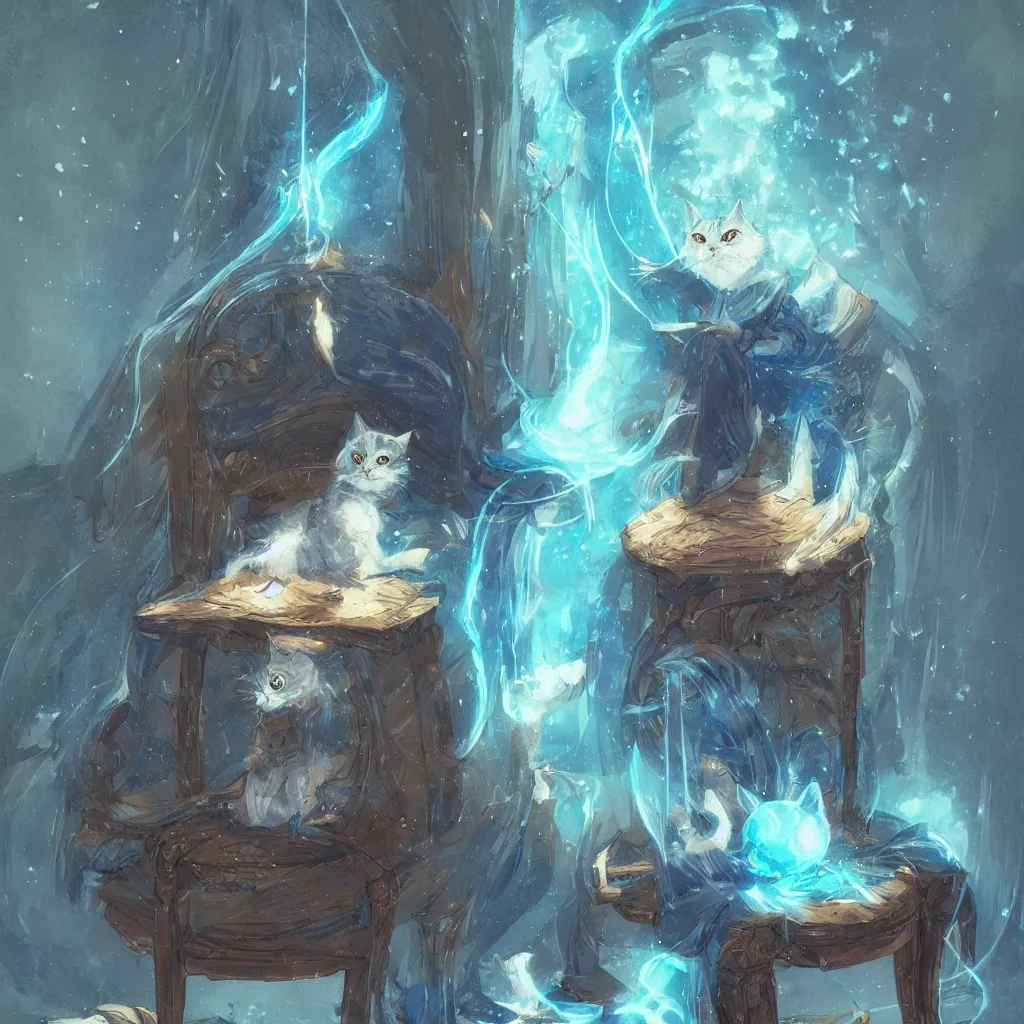 Prompt: anime cat with cloak laying on a magical wood carved chair, super powers, glowing tiny blue lines, concept art, by greg rutkowski, overdetailed art