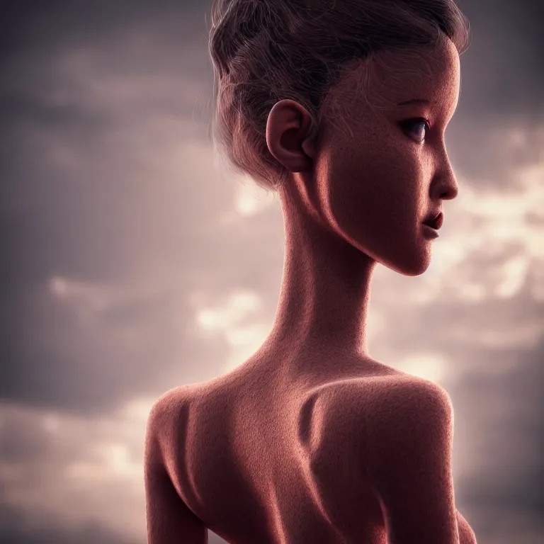 Image similar to a beautiful Cotton Mill Girl, symmetrical, perfect body and face, anatomically correct, centered, dramatic angle, ornate, details, smooth, sharp focus, illustration, realistic, cinematic, artstation, award winning, rgb , unreal engine, octane render, cinematic light, macro, depth of field, blur, red light and clouds from the back, highly detailed epic cinematic concept art CG render made in Maya, Blender and Photoshop, octane render, excellent composition, dynamic dramatic cinematic lighting, aesthetic, very inspirational, arthouse by Henri Cartier Bresson