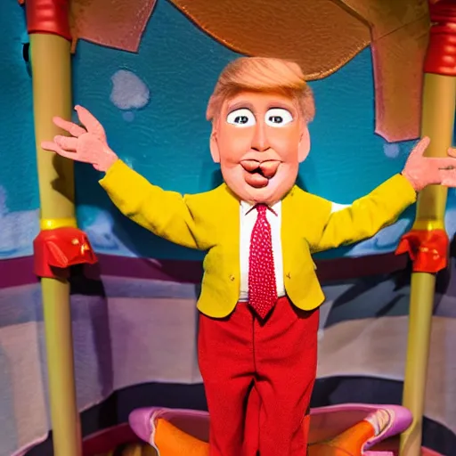 Prompt: a six year old child puppet in the its a small world ride in real life that looks exactly like donald trump, highly detailed, high definition, ultra realistic