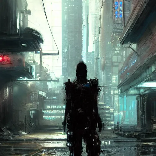 Prompt: doorway, empty sidewalk of a cyberpunk megacity, dramatic lighting, detailed background, gorgeous view, realistic, high detail, depth of field, lightrays, atmospheric, digital art, painted by jeremy mann, trending on artstation