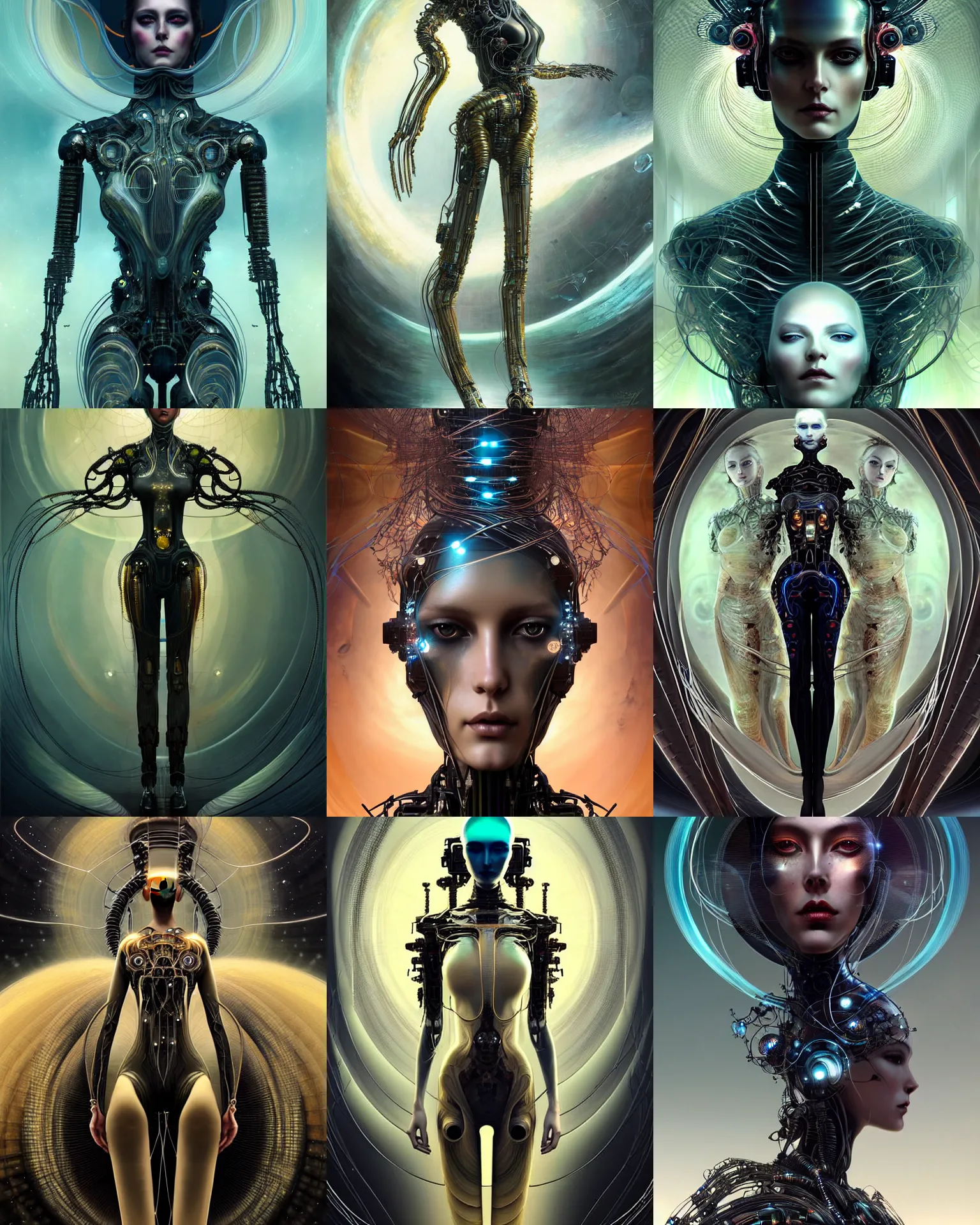 Prompt: karol bak and tom bagshaw and wlop symmetrical full body character portrait of the borg queen of sentient parasitic flowing ai, floating in a powerful zen state, supermodel, beautiful and ominous, wearing combination of mecha and bodysuit made of wires and fractal ceramic, machinery enveloping nature in the background, artstation scifi character digital concept render