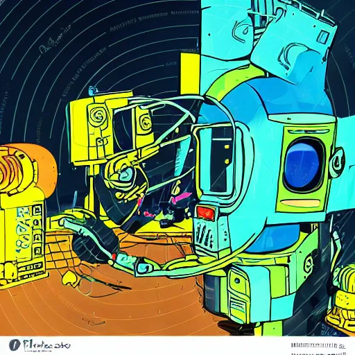 Image similar to robots need love too adorable cute cyberpunk street hustler mech-robot wearing walkman cyan and yellow colored paint oozing from mouth centre image cool street style relaxed pose Jamie Hewlett style moebius style pastel color style neon lights messy cables line drawing,