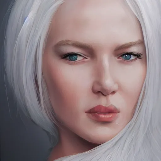 Image similar to a painting of a woman with white hair, a character portrait by pogus caesar, featured on cgsociety, photorealism, detailed painting, artstation hd, ultra detailed