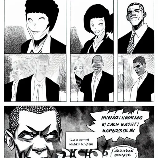 Prompt: Barak Obama, black and white manga pages
