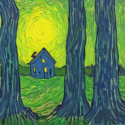 Image similar to a painting of a Eerie cabin in the middle of the woods in the style of Vincent van gogh