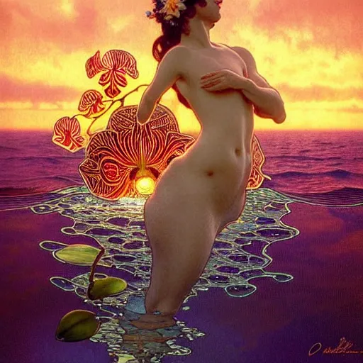 Prompt: detailed intricate orchid flower surrounded by ocean wave, water, ripples, transparent droplets, backlit, sunset, refracted lighting, art by collier, albert aublet, krenz cushart, artem demura, alphonse mucha