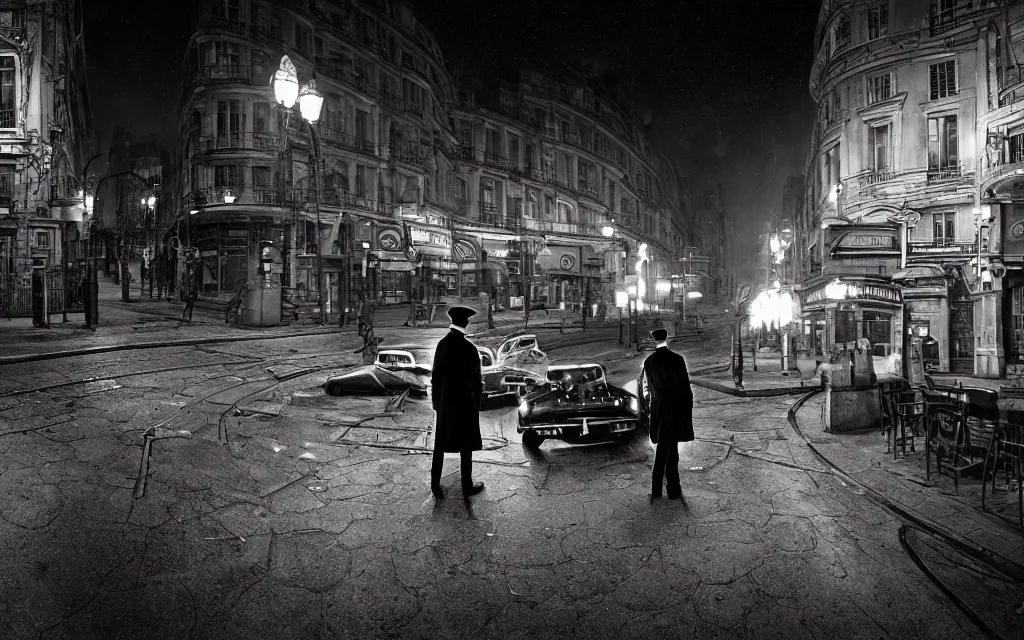 Prompt: One man in a trenchcoat shooting at a lovecraftian monster with a pistol in a 1920's parisian street at night. A cars is driving towards the monster with their lights on. A train station is visible in the background. 4k, pulp, HDR, vivid colors, low angle shot, (fish eye).