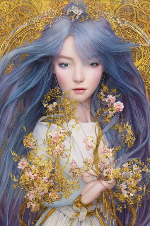 Image similar to breathtaking detailed soft painting of a full shot knight queen with long flowing blue hair, pastel flowers petals and golden ribbons flying, art by pilyeon and yuumei art, symmetrical facial features, at dawn in front of a pristine golden art nouveau cathedral, elegant, volumetric lighting, highly detailed, artstation, concept art, matte, sharp focus,