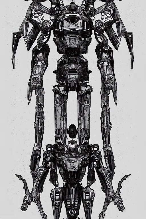 Image similar to very symmetrical!! full body illustrations of mecha, pen and ink, moderately detailed, concept art, moth, insect wing, artstation, deviantart, pinterest