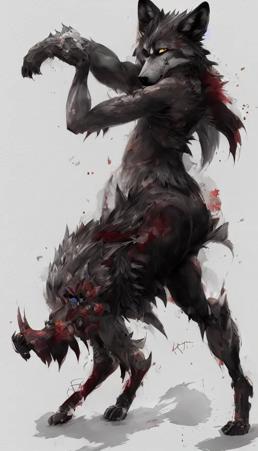 Image similar to concept art of anthropomorphized wolf fullbody, night themed, highly detailed painting by dustin nguyen, akihiko yoshida, greg tocchini, 4 k, trending on artstation, 8 k