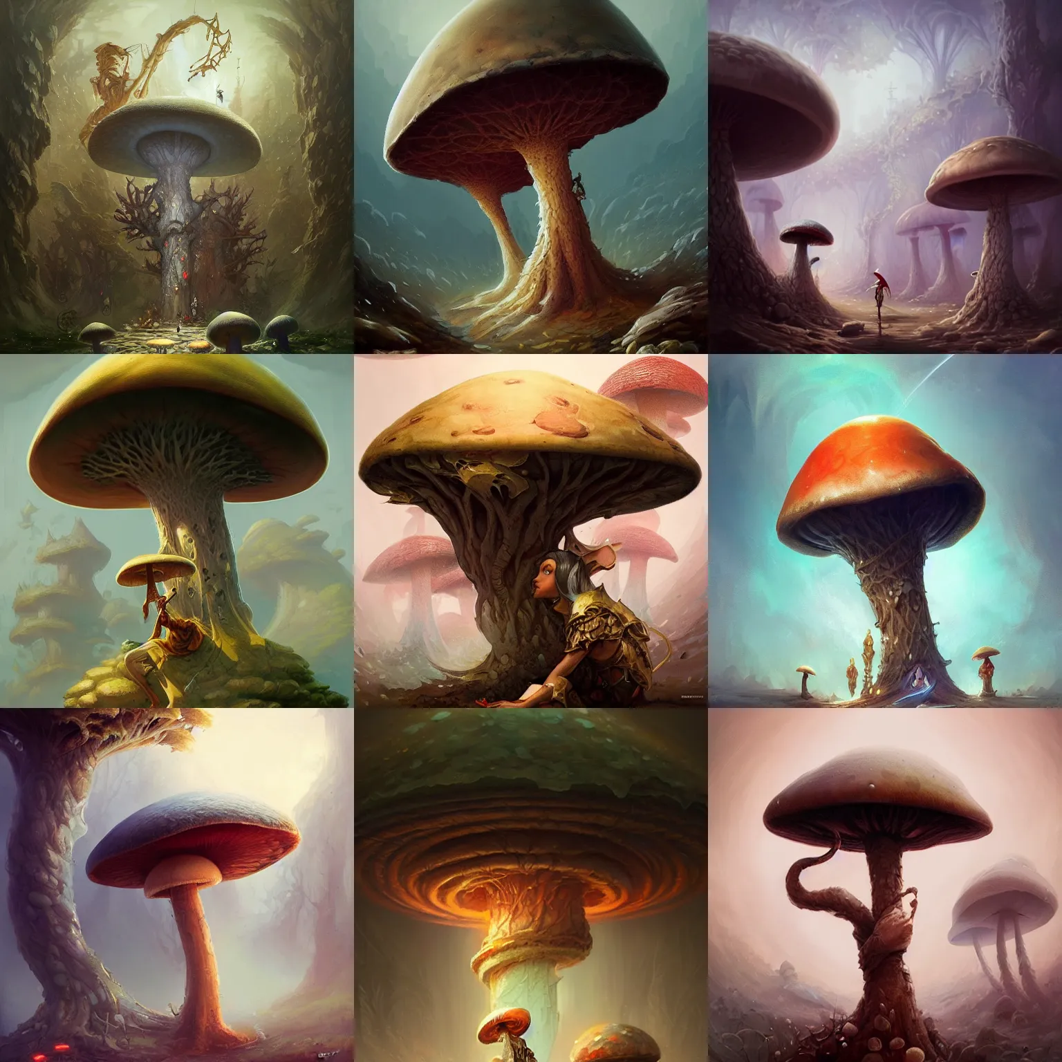 Prompt: a giant mushroom, D&D, fantasy, intricate, elegant, highly detailed, digital painting, artstation, concept art, smooth, sharp focus, illustration, art by Peter Mohrbacher, Peter Mohrbacher