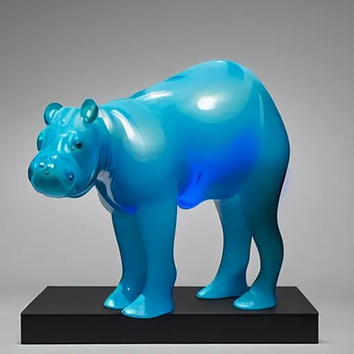 Image similar to a sophie taeuber - arp baby hippopotamus sculpture, by jeff koons, wood, blue epoxy translucent, cubic carved mix