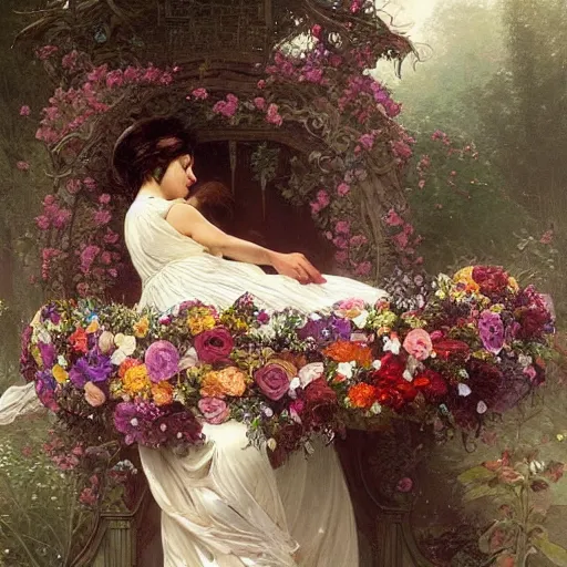 Prompt: an elaborate floating coffin with a mysterious woman sleeping and holding a large bouquet of flowing flowers, hands hidden under the bouquet, side view, fantasy, regal, intricate, by stanley artgerm lau, greg rutkowski, thomas kindkade, alphonse mucha, loish, norman rockwell