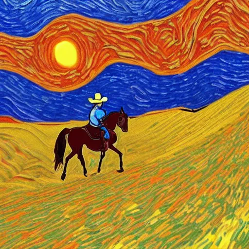 Image similar to A lone cowboy riding a horse on Mars in the style of Van Gogh