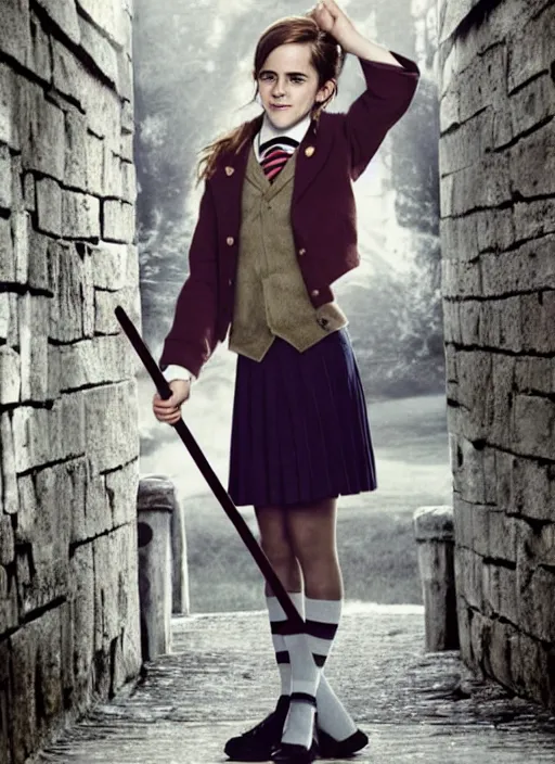 Image similar to emma watson as hermione granger in her school uniform, holding her broomstick, photo shoot, cute