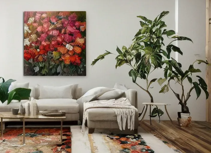 Prompt: a warm painting of a room interior, calm, relaxing, cosy, warm light, warm color scheme, houseplants, fresh flowers, oil on canvas