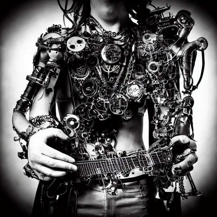 Prompt: “Steampunk Cyborg Rock Singer with eight hands, holding guitar, keyboard, drums. Minimalistic. Smooth, cinematic lighting. Fisheye lens. Old torn photograph. ”