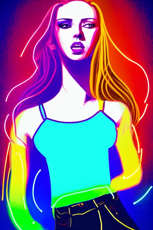 Prompt: a award winning half body portrait of a beautiful woman with stunning eyes in a croptop and cargo pants with rainbow colored ombre hairstyle head in motion and hair flying singing by thomas danthony, outlined by whirling illuminated neon lines, outrun, vaporware, shaded flat illustration, digital art, trending on artstation, highly detailed, fine detail, intricate