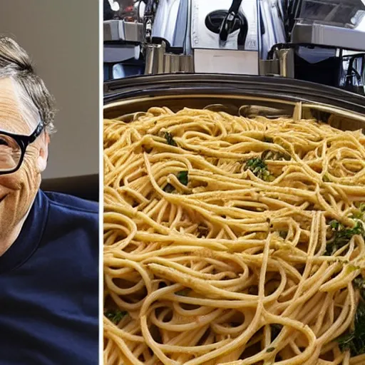 Image similar to pasta on bill gates, lawnmover