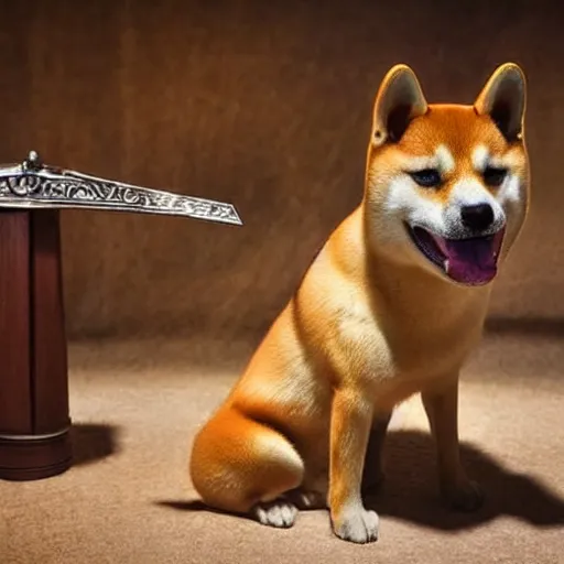 Image similar to Shiba Inu in medieval times look like merlin high details cinematic mood shooting lighting from wand