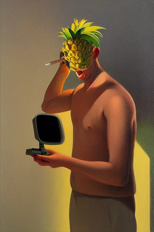 Image similar to Plumber wearing oculus and pineapple over his head, Edward Hopper and James Gilleard, Zdzislaw Beksisnski, highly detailed