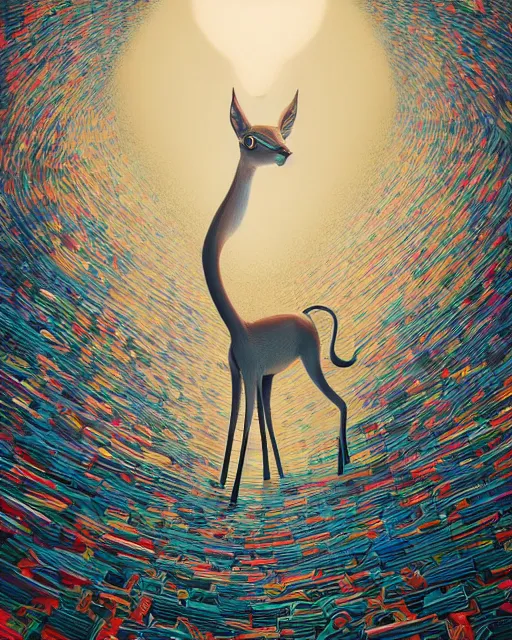 Image similar to portrait of cartoon dik dik, intricate abstract. intricate artwork. by Tooth Wu, wlop, beeple, dan mumford. mulholland drive by david lynch, dune by david lynch, octane render, trending on artstation, greg rutkowski very coherent symmetrical artwork. cinematic, hyper realism, high detail, octane render, 8k, iridescent accents