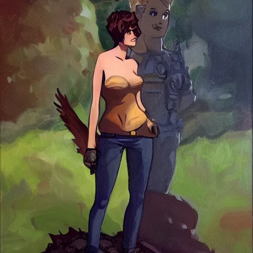 Prompt: short-haired heroic stoic handsome blonde butch tomboy woman engineer standing beside dark fae feathered Jennifer Connelly in garden, in love, Mike Mignola, trending on art station, oil painting