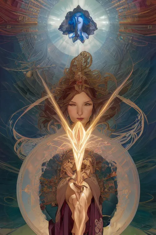 Prompt: holy ray of light spell scroll art by artgerm and greg rutkowski and Alphonse Mucha and Craig Mullins, James Jean, Andrey Ryabovichev, Mark Simonetti and Peter Morbacher 16k