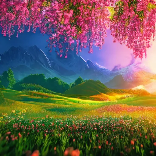 Prompt: mountain landscape in spring, flowers, teal landscape, dreamy light, sunny, floating particles, complementary palette, by and jacek yerga and jesse king, pop surrealist, wiccan, unreal engine, bokeh, detailed