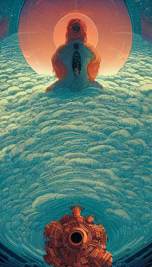 Image similar to The oracle of ancient dreaming on cosmic cloudscape, italian futurism, Dan Mumford, Victo Ngai, Kilian Eng, Josan Gonzalez