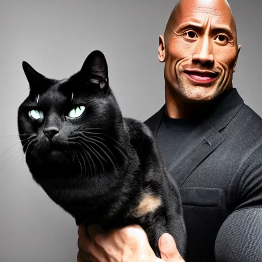 Image similar to dwayne johnson holding a black cat, studio lighting, promotional photograph