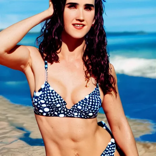 Image similar to Portrait Photography, medium closeup of young jennifer connelly poses in 2 Piece Mini Micro Push Up Swimsuits at summer beach, confident pose, fierce expression, intricate details, detailed face, detailed illustration, impressive lighting, symmetrical features, ultra detailed, 12 megapixels