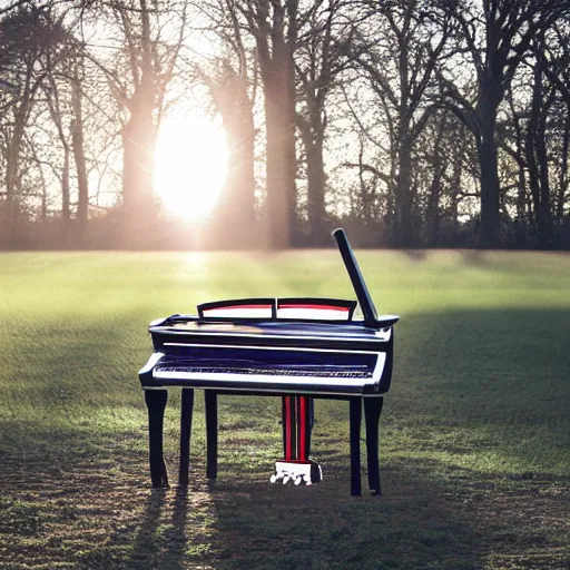 Prompt: a photo of a transparent perspex piano in a field, beams of light, nostalgic