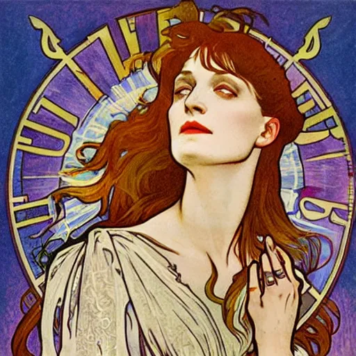 Image similar to florence and the machine and the soul of alphonse mucha