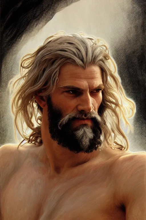 Image similar to painted portrait of rugged zeus, god of thunder, greek god, white hair, masculine, mature, handsome, upper body, flowy robe, muscular, hairy torso, fantasy, intricate, elegant, highly detailed, digital painting, artstation, concept art, smooth, sharp focus, illustration, art by gaston bussiere and alphonse mucha