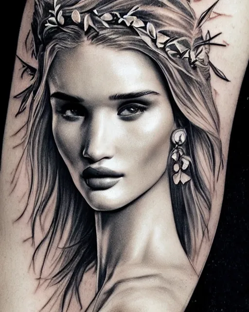 Prompt: realism tattoo sketch of rosie huntington - whiteley as a beautiful greek goddess aphrodite with piercing eyes wearing a laurel wreath and triangle earrings, in the style of greg rutkowski, amazing detail