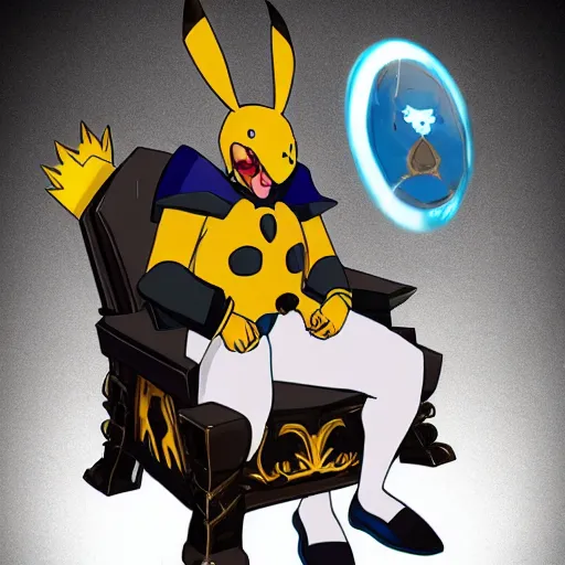 Image similar to Mordekaiser form league of legends sitting on a throne with a pikachu