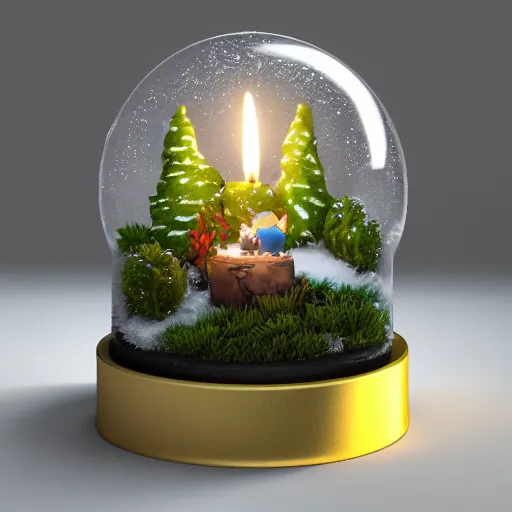 Prompt: Snow globe, candles, Gustav Klutsis, octane render, Fallout, Pietro Fragiacomo, Legend of Zelda, mist, snow, pine tree, Aloe vera, swamp, dollar bill, shed