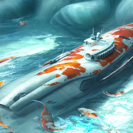 Image similar to subsurface scattering, white, giant submarine, koi colors, koi not present, octane render, jesper ejsing, justin gerard, james jean, tomasz alen kopera, cgsociety, fenghua zhong, makoto shinkai, highly detailed, rim light, art, cinematic lighting, very coherent, hyper realism, 8 k