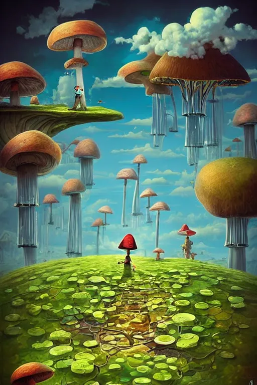 Image similar to surreal mushroom kingdom, floating island in the sky, waterpipes in the ground, summer morning, very coherent and colorful high contrast, art by!!!! gediminas pranckevicius!!!!, geof darrow, dark shadows, hard lighting