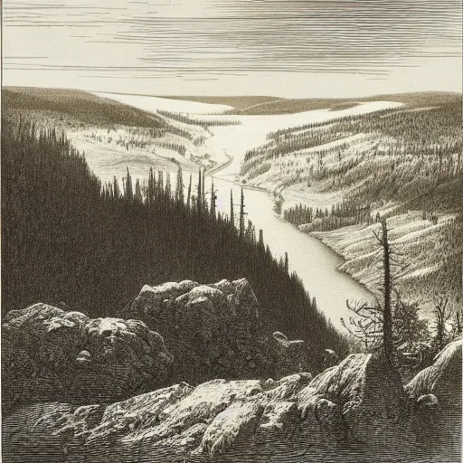 Prompt: an engraving of yellowstone national park by gustave dore and albrecht durer highly detailed, fog, depth, lithograph engraving, storybook illustration - h 1 0 2 4 - w 7 6 8
